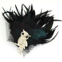 Wholesale Crystal Owl Design Black Feather Brooch For Lady BH30